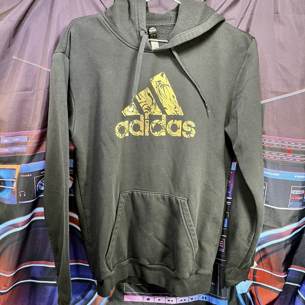 Adidas Black Hoodie Sweatshirt Gold Liquid Foil HK9146 Men's Size Small